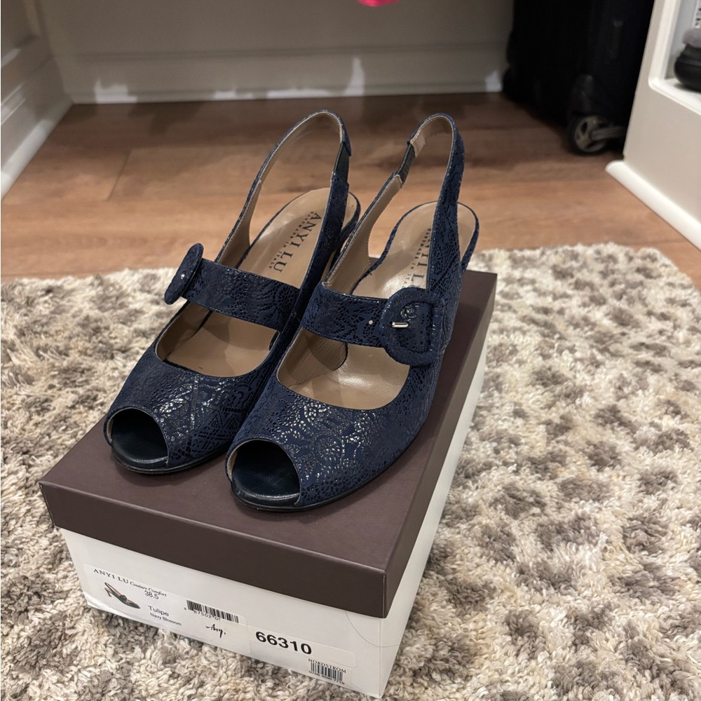 Anyi Lu Blue Embossed Slingback Heels